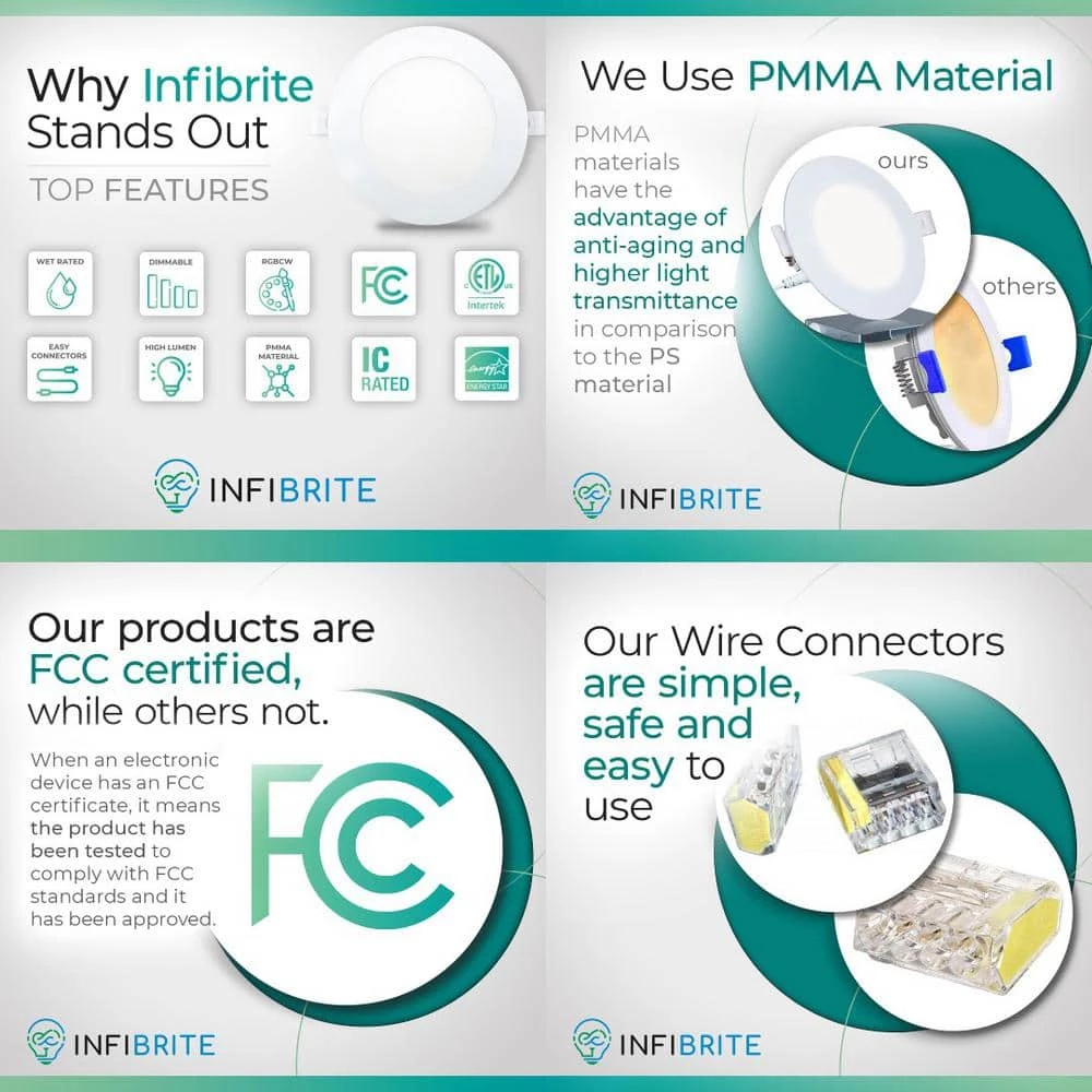 4 In. Wi-Fi Smart Ultra-Thin Recessed Integrated LED Light 9W 810LM Dimmable, Works w/Alexa/Google, Wet Rated (12 Pack) by InfiBrite 11 4 In. Wi-Fi Smart Ultra-Thin Recessed Integrated LED Light 9W 810LM Dimmable, Works w/Alexa/Google, Wet Rated (12 Pack) by InfiBrite - Image 10