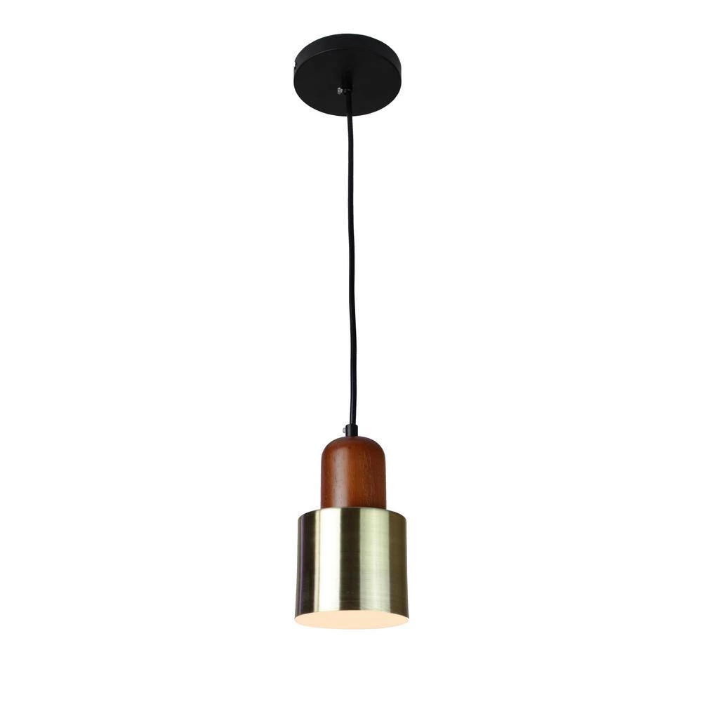 Cozumel 1-Light Satin Brass Cylindric Mini Pendant with Wood Elements by EQLight 3 Cozumel 1-Light Satin Brass Cylindric Mini Pendant with Wood Elements by EQLight - Image 2